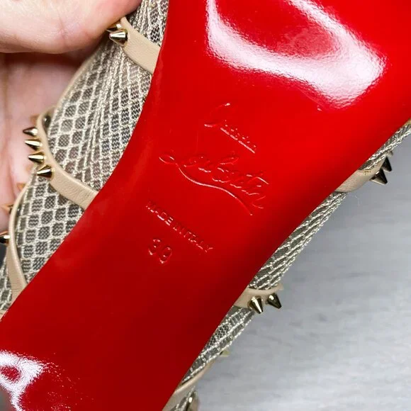 Louboutin Alarc Nude Leather Spiked Heels - Picture 8 of 9